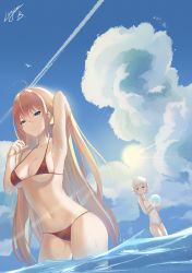 Rule 34 | 2girls, absurdres, adjusting hair, ahoge, armpits, ball, bare shoulders, beachball, bikini, bird, blue eyes, blue sky, breast envy, breasts, cleavage, cloud, cloudy sky, collarbone, commentary, elf, empty eyes, english commentary, eyebrows hidden by hair, hair between eyes, highres, holding, holding ball, holding beachball, horizon, in water, kokkoro (princess connect!), large breasts, larger bmx, leaning forward, long hair, multiple girls, navel, ocean, one-piece swimsuit, orange hair, parted lips, pecorine (princess connect!), pointy ears, princess connect!, purple eyes, red bikini, signature, sky, spaghetti strap, stomach, swimsuit, very long hair, wading, wet, wet clothes, wet swimsuit, white hair, white one-piece swimsuit
