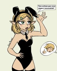 Rule 34 | 1boy, 1girl, annoyed, blonde hair, blush, braid, breasts, brown hair, cleavage, embarrassed, green eyes, grin, hand on own hip, highres, leotard, link, looking at another, medium breasts, nintendo, playboy bunny, princess zelda, rabbit ears, sidelocks, smile, speech bubble, the legend of zelda, the legend of zelda: tears of the kingdom, thumbs up, translation request
