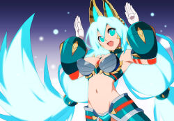 Rule 34 | 1girl, animal ears, armor, bare shoulders, bikini armor, blue hair, breasts, cat ears, fang, iris (mega man), kaidou zx, large breasts, light blue hair, long hair, mega man (series), mega man x (series), mega man x dive, monster hunter (series), navel, official alternate costume, open mouth, revealing clothes, solo, teeth, upper teeth only, very long hair, zinogre (armor)