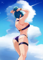 Rule 34 | 1girl, absurdres, arms up, ass, back, bikini, blue hair, blue sky, bracelet, breasts, cloud, cloudy sky, commentary, contrail, eula (genshin impact), from behind, genshin impact, highres, jewelry, looking at viewer, looking back, medium breasts, partially obscured, pink eyes, purple bikini, sideboob, sky, star (sky), starry sky, sweat, swimsuit, thick thighs, thigh strap, thighs, tying hair, walnut 1477, wet