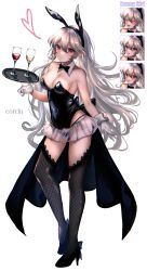 Rule 34 | 1girl, absurdres, alternate costume, animal ears, asada sadao, bare shoulders, black footwear, black leotard, blush, bow, bowtie, character name, corrin (female) (fire emblem), corrin (fire emblem), cup, detached collar, drinking glass, english text, expressions, fake animal ears, fire emblem, fire emblem fates, fishnet thighhighs, fishnets, gloves, grey hair, high heels, highres, leotard, long hair, nintendo, playboy bunny, rabbit ears, red eyes, simple background, smile, solo, strapless, strapless leotard, thighhighs, twitter username, very long hair, waitress, white background, white gloves, wrist cuffs