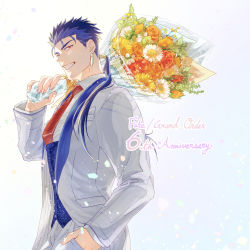 Rule 34 | 1boy, absurdres, blue hair, bouquet, cu chulainn (fate), cu chulainn (fate/stay night), daisy, daro maru, earrings, fate/stay night, fate (series), flower, formal, grin, hair over shoulder, hair strand, hand in pocket, highres, holding, holding bouquet, jewelry, long hair, looking at viewer, making-of available, male focus, necktie, orange flower, orange rose, ponytail, red eyes, red necktie, rose, smile, solo, suit, upper body, white background, white suit