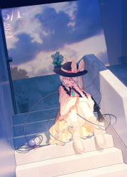 Rule 34 | 1girl, arm on knee, black hat, blue sky, boots, closed eyes, cloud, dated, dated commentary, door, dutch angle, facing to the side, furahata gen, hand on own face, hat, hat ribbon, heart, heart of string, highres, koishi day, komeiji koishi, long sleeves, open mouth, pink footwear, plant, potted plant, ribbon, shirt, short hair, silver hair, sitting, skirt, sky, solo, stairs, third eye, touhou, tree, wide sleeves, yellow shirt, yellow skirt