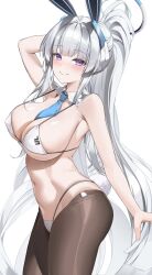 Rule 34 | 1girl, absurdres, alternate costume, animal ears, arm up, armpits, bikini, blue archive, blue necktie, blush, breasts, brown pantyhose, closed mouth, fake animal ears, fake tail, from side, grey hair, halo, highres, large breasts, long hair, looking at viewer, navel, necktie, noa (blue archive), pantyhose, ponytail, purple eyes, rabbit ears, rabbit tail, samart, simple background, smile, solo, stomach, swimsuit, tail, thighs, underboob, white background, white bikini