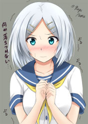 Rule 34 | 10s, 1girl, alternate hairstyle, blue eyes, blush, breasts, clenched hands, collarbone, female focus, fuuma nagi, grey background, hair ornament, hairclip, hamakaze (kancolle), kantai collection, large breasts, neckerchief, school uniform, serafuku, short sleeves, simple background, solo, sweatdrop, translation request, trembling, twitter username, wavy mouth, yellow neckerchief