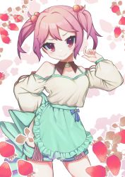 Rule 34 | 1girl, absurdres, apron, aqua apron, asauo, bare shoulders, blush, breasts, commentary request, flower, food, frilled apron, frills, fruit, hair bobbles, hair ornament, highres, kantai collection, long sleeves, looking at viewer, official alternate costume, pink eyes, pink hair, sazanami (kancolle), short twintails, simple background, solo, strawberry, twintails, waist apron, white flower