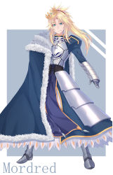 Rule 34 | 1girl, 333 (pixiv8601259), absurdres, aqua eyes, armor, armored boots, armored dress, artoria pendragon (all), artoria pendragon (fate), blonde hair, blue cape, blue dress, boots, cape, character name, cosplay, crown, dress, fang, fang out, fate/apocrypha, fate/stay night, fate (series), floating hair, full body, fur trim, gauntlets, hair between eyes, hair ornament, hair scrunchie, head tilt, highres, long dress, long hair, looking at viewer, mordred (fate), mordred (fate/apocrypha), ponytail, red scrunchie, saber (fate), saber (fate) (cosplay), scrunchie, solo, standing