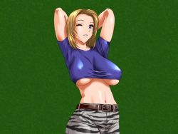 Rule 34 | 1girl, ;), animal print, arms up, artist request, belt, blonde hair, blue shirt, breasts, covered erect nipples, crop top, dead or alive, female focus, green background, midriff, navel, one eye closed, shirt, short sleeves, smile, solo, tecmo, tight clothes, tight shirt, tina armstrong, underboob, wink, zebra print