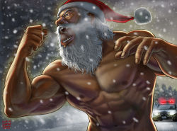 Rule 34 | 10s, 2014, 2boys, beard, biceps, breath, car, christmas, dated, facial hair, foreshortening, hat, male focus, manly, matataku, motor vehicle, multiple boys, muscular, old, old man, open mouth, original, out-of-frame censoring, pectorals, police, police car, police uniform, policeman, santa claus, santa hat, signature, snowing, solo focus, topless male, uniform, upper body, vehicle, veins, white hair