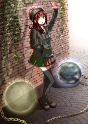 Rule 34 | 1girl, black thighhighs, brick wall, casual, chain, contemporary, earth (ornament), hand up, hat, hecatia lapislazuli, highres, hood, hoodie, ivy, mary janes, moon (ornament), multicolored clothes, multicolored skirt, open mouth, plaid, plaid skirt, pleated skirt, poyosuke, red eyes, red hair, shoes, skirt, solo, thighhighs, touhou