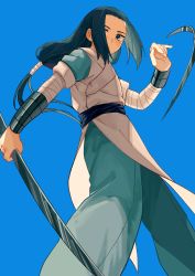 Rule 34 | 1boy, aqua pants, bandaged arm, bandages, black hair, blue background, blue eyes, caisai88, feet out of frame, from below, highres, holding, long hair, luo xiaohei zhanji, male focus, pants, short sleeves, simple background, solo, wuxian (the legend of luoxiaohei)