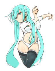 Rule 34 | 1girl, aqua eyes, aqua hair, breasts, center opening, female focus, full body, hatsune miku, lace, lace-trimmed legwear, lace trim, long hair, simple background, solo, stretching, thighhighs, twintails, very long hair, vocaloid, white background, zukaketawagase