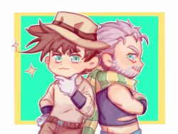 Rule 34 | 2boys, :3, aqua eyes, battle tendency, beard, brown hair, cosplay, costume switch, crop top, crossed arms, facial hair, fedora, fingerless gloves, gloves, green eyes, grey hair, hat, highres, jojo no kimyou na bouken, joseph joestar, joseph joestar (old), joseph joestar (old) (cosplay), joseph joestar (young), male focus, midriff, multicolored clothes, multicolored scarf, multiple boys, old, old man, scarf, stardust crusaders, striped clothes, striped scarf, vertical-striped clothes, vertical-striped scarf, white gloves, yanglao paopaoren, yellow scarf