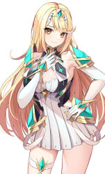 Rule 34 | 1girl, absurdres, bare shoulders, blonde hair, blush, breasts, chest jewel, cleavage, dress, earrings, elbow gloves, gloves, headpiece, highres, jewelry, kaede (maple4rt), large breasts, long hair, looking at viewer, mythra (xenoblade), smile, solo, swept bangs, thigh strap, thighs, tiara, very long hair, xenoblade chronicles (series), xenoblade chronicles 2, yellow eyes