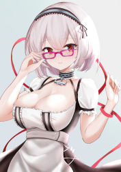 Rule 34 | 1girl, absurdres, anchor choker, apron, artist request, azur lane, bespectacled, breasts, brown dress, choker, cleavage, cleavage cutout, clothing cutout, dress, frilled choker, frills, glasses, hairband, highres, large breasts, looking at viewer, puffy short sleeves, puffy sleeves, red eyes, short hair, short sleeves, simple background, sirius (azur lane), solo, string, string of fate, white apron, white hair