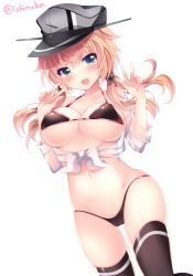 Rule 34 | 10s, 1girl, :d, anchor hair ornament, ass, bikini, black bikini, blonde hair, blue eyes, blush, breasts, cameltoe, covered erect nipples, double v, hair ornament, hat, ichiyou moka, kantai collection, long hair, medium breasts, navel, open mouth, peaked cap, prinz eugen (kancolle), simple background, smile, solo, swimsuit, thighhighs, thighs, twintails, twitter username, v, white background