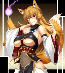 Rule 34 | 1girl, animal ears, bare shoulders, blonde hair, blush, breasts, clothing cutout, covered navel, fox ears, fox tail, highres, large breasts, licking lips, long hair, looking at viewer, maki ikazuya, navel, original, red eyes, revision, see-through, smile, solo, tail, tongue, tongue out, underboob, underboob cutout