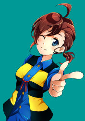 Rule 34 | 1girl, ;), absurdres, ahoge, blue background, blue eyes, blue shirt, brown hair, closed mouth, collared shirt, cosplay, dress shirt, gegege no kitarou, highres, index finger raised, inuyama mana, kitarou, kitarou (cosplay), long sleeves, looking at viewer, mitsuki tayura, one eye closed, red ribbon, ribbon, shirt, short hair, simple background, smile, solo, striped clothes, striped vest, upper body, vest, wing collar