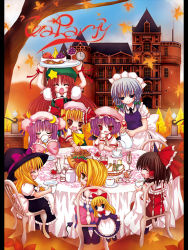 Rule 34 | 6+girls, ^ ^, alice margatroid, autumn, autumn leaves, blonde hair, catbell, closed eyes, cup, day, dinner, drinking, eating, english text, female focus, flandre scarlet, food, hakurei reimu, hat, hong meiling, izayoi sakuya, kirisame marisa, mob cap, multiple girls, outdoors, patchouli knowledge, pillarboxed, plate, remilia scarlet, sandwich, scarlet devil mansion, shanghai doll, siblings, sisters, sitting, standing, table, teacup, touhou, wings, witch hat
