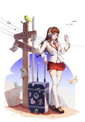 Rule 34 | 1girl, absurdres, alternate costume, animal, bad id, bad pixiv id, bird, blue sky, brown eyes, brown footwear, brown hair, cellphone, commentary request, d.va (overwatch), day, facepaint, facial mark, full body, headphones, highres, holding, holding phone, jacket, lips, long hair, long sleeves, looking at viewer, necktie, outdoors, overwatch, overwatch 1, parted lips, pauld, phone, pleated skirt, power lines, red necktie, red skirt, road sign, rolling suitcase, route 66, shoes, sign, skirt, sky, smartphone, solo, standing, suitcase, thighhighs, wanted, whisker markings, white jacket, white thighhighs, zettai ryouiki