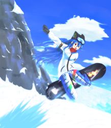 Rule 34 | 1girl, adapted costume, alternate costume, black gloves, black hat, blue hair, cloud, coat, contemporary, day, food, fruit, gloves, goggles, hat, highres, hinanawi tenshi, long hair, looking at viewer, mountain, open mouth, peach, red eyes, sky, snow, snowboard, snowboarding, solo, tat rous, touhou, winter clothes, winter coat
