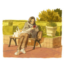 Rule 34 | 1girl, artist name, bag, bench, black eyes, border, brown hair, commentary, crossed legs, day, english commentary, full body, grey scarf, hedge, long sleeves, looking at phone, original, outdoors, park, park bench, phone, plant, potted plant, scarf, shirt, shoes, shopping bag, sitting, sneakers, white footwear, white shirt, yeyuan33