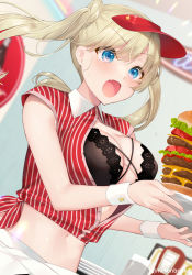 Rule 34 | 1girl, :o, bare shoulders, bekotarou, black bra, blonde hair, blue eyes, bra, breasts, burger, cleavage, collared shirt, crop top, fang, food, highres, large breasts, lingerie, long hair, looking away, midriff, navel, open clothes, open mouth, open shirt, original, partially unbuttoned, pleated skirt, red shirt, shirt, short sleeves, side-tie shirt, skirt, solo, stomach, striped clothes, striped shirt, sweatdrop, twintails, underwear, upper body, visor cap, waitress, white skirt, wrist cuffs