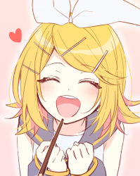 Rule 34 | 1girl, blonde hair, blush, bow, closed eyes, collar, commentary, facing viewer, feeding, food, grey collar, grey sleeves, hair bow, hair ornament, hairclip, heart, hinata (princess apple), kagamine rin, open mouth, own hands together, pink background, pocky, pocky day, sailor collar, shirt, short hair, sleeveless, sleeveless shirt, swept bangs, upper body, vocaloid, white bow, white shirt