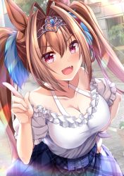 Rule 34 | 1girl, animal ears, bare shoulders, breasts, brown hair, cleavage, commentary request, daiwa scarlet (umamusume), day, dutch angle, fang, hair intakes, halterneck, horse ears, horse girl, izumi akane, large breasts, long hair, looking at viewer, off-shoulder shirt, off shoulder, open mouth, outdoors, plaid, plaid skirt, pointing, puffy short sleeves, puffy sleeves, red eyes, shirt, short sleeves, skirt, solo, sunlight, tiara, twintails, umamusume, very long hair, white shirt