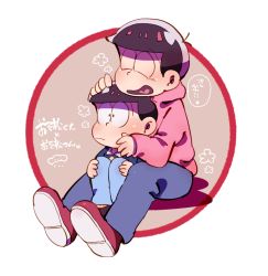 Rule 34 | 10s, 2boys, amazou, black hair, bowl cut, character name, child, circle, closed eyes, dual persona, expressionless, flower (symbol), heart, heart in mouth, hood, hoodie, male focus, matsuno osomatsu, multiple boys, osomatsu-kun, osomatsu-san, osomatsu (series), sitting, smile, time paradox, translation request