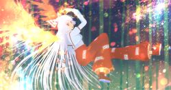 Rule 34 | 1girl, action, arm up, armband, bad id, bad pixiv id, bamboo, bamboo forest, bow, breasts, fire, fire, floating, forest, forgotten artist, fujiwara no mokou, hair bow, light particles, long hair, long sleeves, looking to the side, medium breasts, nature, open mouth, puffy long sleeves, puffy sleeves, red eyes, red footwear, shoes, silver hair, solo, suspenders, touhou, very long hair, wings