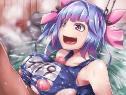 Rule 34 | 1boy, 1girl, bath, blue hair, blue one-piece swimsuit, bow, breasts, censored, fang, gradient hair, headgear, hetero, huge breasts, i-19 (kancolle), kantai collection, mixed-sex bathing, mosaic censoring, multicolored hair, name tag, nipples, onboro (clunker), one-piece swimsuit, onsen, open mouth, paizuri, paizuri under clothes, partially submerged, penis, pink bow, pink eyes, pink hair, puffy nipples, school swimsuit, shared bathing, sidelocks, solo focus, star-shaped pupils, star (symbol), swimsuit, symbol-shaped pupils, tongue, torn clothes, torn swimsuit, tri tails, wet, wet clothes