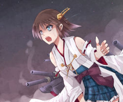 Rule 34 | 10s, 1girl, bare shoulders, battle, blue eyes, brown hair, cannon, detached sleeves, hairband, headgear, hiei (kancolle), japanese clothes, kantai collection, kay (utd), night, no legwear, nontraditional miko, open mouth, personification, plaid, short hair, skirt, solo, turret