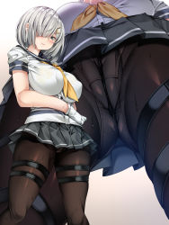 Rule 34 | 1girl, black pantyhose, black sailor collar, black skirt, blunt bangs, blush, bra, bra visible through clothes, breasts, cameltoe, cleft of venus, close-up, closed mouth, commentary request, covered erect nipples, embarrassed, from below, gloves, gradient background, grey eyes, grey hair, hair ornament, hair over eyes, hairclip, hamakaze (kancolle), highres, impossible clothes, kantai collection, large breasts, long bangs, mtu virus, multiple views, panties, panties under pantyhose, pantyhose, pleated skirt, sailor collar, school uniform, serafuku, shirt, short hair, short sleeves, simple background, skirt, standing, sweat, thigh strap, torisan, underwear, white gloves, white shirt, yellow bra, yellow neckwear, zoom layer