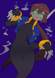 Rule 34 | 1girl, absurdres, aile (mega man zx), blue background, blue jacket, breasts, brown hair, buzzlyears, collarbone, covered navel, cropped jacket, ghost girl, ghost pose, ghost tail, glowing, glowing eyes, green eyes, highres, jacket, long hair, medium breasts, mega man (series), mega man zx, mega man zx advent, no pants, open clothes, open jacket, ponytail, robot ears, simple background, solo, tongue, tongue out