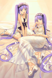 Rule 34 | 2girls, arm support, ass, bare shoulders, bed sheet, breasts, capelet, choker, cleavage, collarbone, dress, euryale (fate), euryale (third ascension) (fate), fate/grand order, fate/hollow ataraxia, fate (series), feet, frills, hair ribbon, hairband, jewelry, lolita hairband, long hair, lying, multiple girls, open mouth, purple eyes, purple hair, ribbon, sandals, see-through, siblings, sisters, sitting, small breasts, smile, stheno (fate), stheno (third ascension) (fate), teeth, thong, toes, tsukikanade, twins, twintails, v arms, wariza, white dress