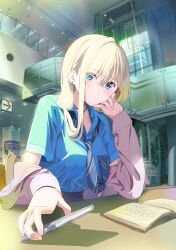 Rule 34 | 1girl, blonde hair, blue eyes, blue shirt, book, breast pocket, cardigan, cellphone, closed mouth, collared shirt, commentary request, crossed bangs, diagonal-striped clothes, diagonal-striped necktie, earrings, fingernails, hair between eyes, hand on own cheek, hand on own face, head rest, highres, holding, holding phone, indoors, jewelry, long hair, long sleeves, necktie, necktie in pocket, off shoulder, open book, open cardigan, open clothes, original, phone, pink cardigan, pocket, poligon (046), purple necktie, school uniform, shadow, shirt, shirt tucked in, short sleeves, signature, smartphone, solo, striped clothes, upper body