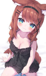 Rule 34 | 1girl, absurdres, animal ear fluff, animal ears, bare arms, bare shoulders, bed sheet, black camisole, black hairband, blue eyes, blush, braid, breasts, brown hair, camisole, cleavage, closed mouth, collarbone, commentary request, hair ornament, hairband, hairclip, highres, long hair, looking at viewer, low twintails, masaki (msk064), medium breasts, original, simple background, sitting, smile, solo, tail, twin braids, twintails, very long hair, white background, x hair ornament