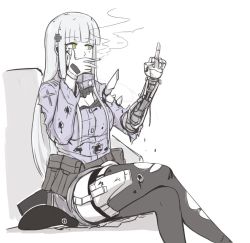 Rule 34 | 1girl, bleeding, blood, blood on face, bruise, bullet hole, cigarette, cuts, damaged, girls&#039; frontline, green eyes, hair ornament, hat, hk416 (girls&#039; frontline), injury, long hair, mechanical arms, mechanical parts, middle finger, selby, silver hair, single mechanical arm, sitting, smoking, solo, torn clothes, torn legwear, weapon, white background