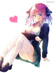 Rule 34 | 1girl, absurdres, aihime riyo, arm under breasts, ass, black cardigan, black footwear, black ribbon, blue eyes, blue nails, blunt bangs, blush, breasts, butterfly hair ornament, cardigan, go-toubun no hanayome, green skirt, hair ornament, heart, highres, knees together feet apart, large breasts, leaning back, looking at viewer, multicolored nails, nail polish, nakano nino, off-shoulder sweater, off shoulder, open cardigan, open clothes, pink hair, pink nails, ribbon, school uniform, shirt, simple background, sitting, skirt, smile, solo, sweater, thick thighs, thighhighs, thighs, tongue, tongue out, v, white background, white shirt, white thighhighs, zettai ryouiki