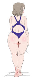 Rule 34 | 1girl, :d, ass, back, backboob, breasts, brown hair, closed eyes, competition school swimsuit, feet, from behind, full body, highres, kneepits, large breasts, love live!, love live! sunshine!!, one-piece swimsuit, open mouth, panimiiru, school swimsuit, short hair, simple background, smile, solo, swimsuit, thighs, thighs together, walking, watanabe you, wedgie, wet, white background