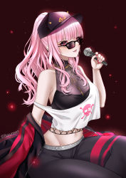 Rule 34 | 1girl, absurdres, bare shoulders, baseball cap, black hat, black pants, breasts, chain, crop top, fishnets, from side, gold chain, hat, highres, holding, holding microphone, hololive, hololive english, jacket, jewelry, large breasts, lips, long hair, microphone, midriff, mori calliope, mori calliope (streetwear), nail polish, navel, necklace, off shoulder, official alternate costume, open mouth, pants, pink hair, ponytail, red eyes, red nails, ryuuneart, sidelocks, sitting, smile, solo, strap slip, sunglasses, virtual youtuber