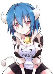 Rule 34 | 1girl, absurdres, animal print, bell, black skirt, blue hair, blush, breasts, brown eyes, cleavage, closed mouth, cow girl, cow horns, cow print, cow tail, cowbell, highres, horns, jacket, jashin-chan dropkick, large breasts, looking at viewer, minos (jashin-chan dropkick), neck bell, print jacket, shirt, short hair, simple background, skirt, solo, tail, track jacket, white background, white shirt, yuuki shushu