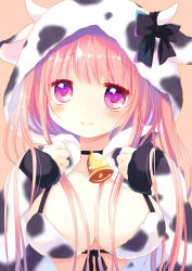 Rule 34 | 1girl, animal ears, animal hood, animal print, bell, bikini, black choker, breasts, brown background, choker, cleavage, closed mouth, collarbone, commentary request, cow ears, cow hood, cow horns, cow print, fake animal ears, fake horns, front-tie bikini top, front-tie top, fur-trimmed sleeves, fur trim, hands up, hood, hood up, hooded jacket, horns, jacket, large breasts, long hair, long sleeves, looking away, looking to the side, neck bell, open clothes, open jacket, original, pink hair, print bikini, purple eyes, sakurazawa izumi, simple background, sleeves past wrists, smile, solo, swimsuit