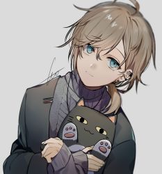 Rule 34 | ahoge, animal, black cat, black jacket, blue eyes, blurry, brown hair, cat, commentary, earrings, grey background, grey sweater, highres, holding, holding animal, holding cat, huyuharu0214, jacket, jewelry, kanae (nijisanji), looking at viewer, mole, mole under eye, multiple earrings, nijisanji, ponytail, ribbed sweater, roto (kanae), short hair, signature, simple background, smile, sweater, swept bangs, symbol-only commentary, upper body, virtual youtuber