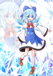 Rule 34 | 1girl, adapted costume, ahoge, alternate costume, blue eyes, blue hair, blush, boots, bow, bowtie, cirno, copyright name, dated, dress, footwear bow, hair bow, hair ornament, highres, ice, ice wings, kneehighs, open mouth, pigeon-toed, short hair, socks, solo, standing, standing on one leg, touhou, twitter username, wings, yurume atsushi