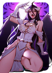 Rule 34 | 1girl, albedo (overlord), arm up, bare legs, bat (animal), black eyeshadow, black hair, black wings, breasts, camisole, covered navel, demon girl, detached collar, eyeshadow, frilled gloves, frilled shirt, frills, gloves, high collar, highres, horns, inhoso, kneeling, large breasts, leaning to the side, long hair, looking at viewer, makeup, no panties, open mouth, overlord (maruyama), pelvic curtain, shirt, solo, straight hair, tongue, tongue out, white background, white camisole, white gloves, white horns, white shirt, wings, yellow eyes