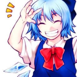 Rule 34 | \m/, ^ ^, bad id, bad pixiv id, blue hair, bow, cirno, closed eyes, embodiment of scarlet devil, closed eyes, grin, lowres, rex k, ribbon, short hair, smile, solo, touhou, wings