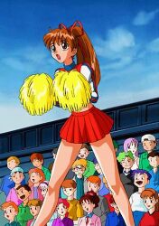 Rule 34 | 1990s (style), absurdres, audience, breasts, brown hair, cheering, cheerleader, gals panic s2, high ponytail, highres, holding, holding pom poms, kaneko seisakusho, large breasts, long sleeves, miniskirt, non-web source, open mouth, pom pom (cheerleading), pom poms, ponytail, retro artstyle, ribbon, shinjou akemi, skirt, strip game, undressing, vs mahjong otome ryouran
