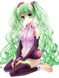 Rule 34 | 1girl, alternate hairstyle, bad id, bad pixiv id, barefoot, bridal gauntlets, elbow gloves, feet, fingerless gloves, full body, gloves, green eyes, green hair, green nails, hair ornament, hatsune miku, hatsune miku (append), head tilt, kneeling, long hair, matching hair/eyes, nail polish, necktie, shiramori yuse, simple background, sitting, solo, thighhighs, twintails, very long hair, vocaloid, vocaloid append, wariza, wavy hair